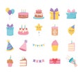 Happy birthday, set icons of cake hat gift boxes cupcake balloons cartoon Royalty Free Stock Photo