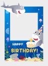 Happy Birthday Shark themed party concept for photo frame, poster, invitation, backdrop. Vector illustration