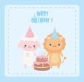 Happy birthday sheep lion with party hats and cake celebration decoration card