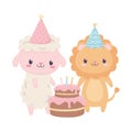 Happy birthday sheep lion with party hats and cake celebration decoration