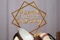 Happy birthday sign on homemade delicious birthday chocolate cake on light table with, close up Royalty Free Stock Photo