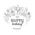 Happy birthday sketch background. Birthday celebration party drawn cake balloon kids surprise holiday doodle vector