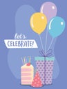 Happy birthday, slice cake party hat gift and balloons celebration decoration cartoon Royalty Free Stock Photo