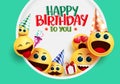 Happy birthday smiley emoji vector greeting design. Happy birthday to you greeting text with smileys emoji. Royalty Free Stock Photo