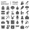 Happy birthday solid icon set, Celebration collection, vector sketches, logo illustrations, web symbols, glyph style Royalty Free Stock Photo