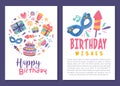 Happy Birthday Square Card with Cake, Firecracker and Carnival Mask Vector Template