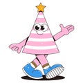 Happy birthday sticker in retro groovy style. Vintage walking character party birthday hat. Funky mascot with