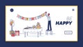 Happy birthday surprise party preparation landing page with man hanging garland