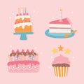 happy birthday, sweet cake cupcake celebration party cartoon icons set