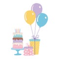 Happy birthday, sweet cake gifts party hat and balloons celebration decoration cartoon Royalty Free Stock Photo