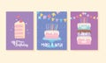 Happy birthday, sweet cakes candles pennants decoration celebration greeting card and party invitation templates