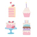 Happy birthday, sweet cakes cupcake fruits candles decoration celebration party festive icons set