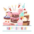 Happy birthday sweets festive banner vector illustration. Happy birthday party with sweets, cakes, candy and capcakes Royalty Free Stock Photo