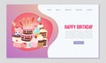Happy birthday sweets festive web template vector illustration. Happy birthday party with sweets, cakes, candy and Royalty Free Stock Photo