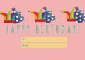 Happy birthday tag with clown and party hats, birthday and gift giving concepts