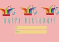 Happy birthday tag with clown and party hats, birthday and gift giving concepts