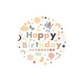 Happy Birthday text with birthday symbols circle frame Royalty Free Stock Photo