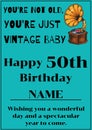 Happy 50 birthday text with gramophone on blue background