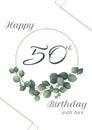 Happy 50 birthday text with leaf pattern on white background