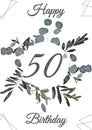 Happy 50 birthday text with leaf pattern on white background