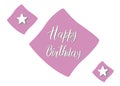 Happy Birthday text with purple decorative elements. Bright postcard. Festive typography design for greeting cards
