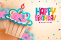 Happy birthday text vector background design. Birthday cupcake in paper cut party decoration elements