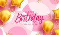 Happy birthday text vector background design. Birthday greeting card in pink empty space with gold inflatable balloons