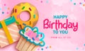 Happy birthday text vector background design. Birthday greeting typography in pink space with donut, gift and cup cake Royalty Free Stock Photo