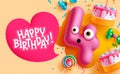 Happy birthday text vector background design. 4th birthday balloon with pink heart Royalty Free Stock Photo