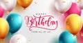 Happy birthday text vector design. Birthday balloon and confetti elements