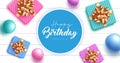 Happy birthday text vector design. Birthday greeting in blue circle space with gifts and balloons Royalty Free Stock Photo