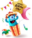 Happy birthday text vector design. Birthday monster character in open gift box for surprise elements.