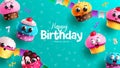Happy birthday text vector design. Birthday text with cute and cupcakes in doodle blue background