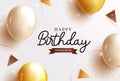 Happy birthday text vector design. Birthday greeting with realistic and glossy gold and white balloons Royalty Free Stock Photo