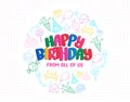 Happy birthday text vector design. Happy birthday greeting typography in empty space with doodle party elements. Royalty Free Stock Photo