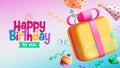 Happy birthday text vector design. Birthday invitation card with gift cartoon box