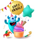 Happy birthday text vector design. Monster character with flying balloons element for birthday