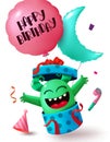 Happy birthday text vector design. Birthday monster character in open gift box