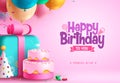 Happy birthday text vector design. Birthday typography with gift box, cake, balloons Royalty Free Stock Photo