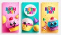 Happy birthday text vector poster design. Birthday greeting collection in empty space with cup cake characters elements. Royalty Free Stock Photo