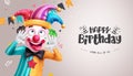 Happy birthday text vector template. Birthday clown, comedian and entertainer character