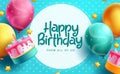 Happy birthday text vector template design. Birthday greeting in circle space for typography with cake and balloons Royalty Free Stock Photo