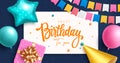 Happy birthday text vector template design. Birthday greeting in white board space with party objects