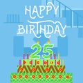 Happy Birthday 25 th old green Cake postcard - hand lettering - handmade calligraphy