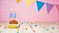 Happy birthday to 51 years old. Festive background with muffin. Copy space birthday card for fifty one year on pink background Royalty Free Stock Photo