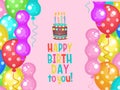 Birthday greeting card. Colorful colorful balloons. Birthday cake with candles. Royalty Free Stock Photo