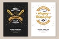 Happy Birthday to you dear friend. Badge, card, with sparkling firework rockets, firework and ribbon. Vector. Vintage Royalty Free Stock Photo