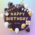 Happy birthday to you design. Party composition with balloons and presents. White, black and gold glitter balloons, golden Royalty Free Stock Photo