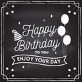 Happy Birthday to you. Enjoy your Day. Stamp, badge, card with bunch of balloons and birthday hat. Vector. Vintage Royalty Free Stock Photo