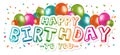 Happy Birthday to you Greetings with Balloons and Confetti. White Background. Royalty Free Stock Photo